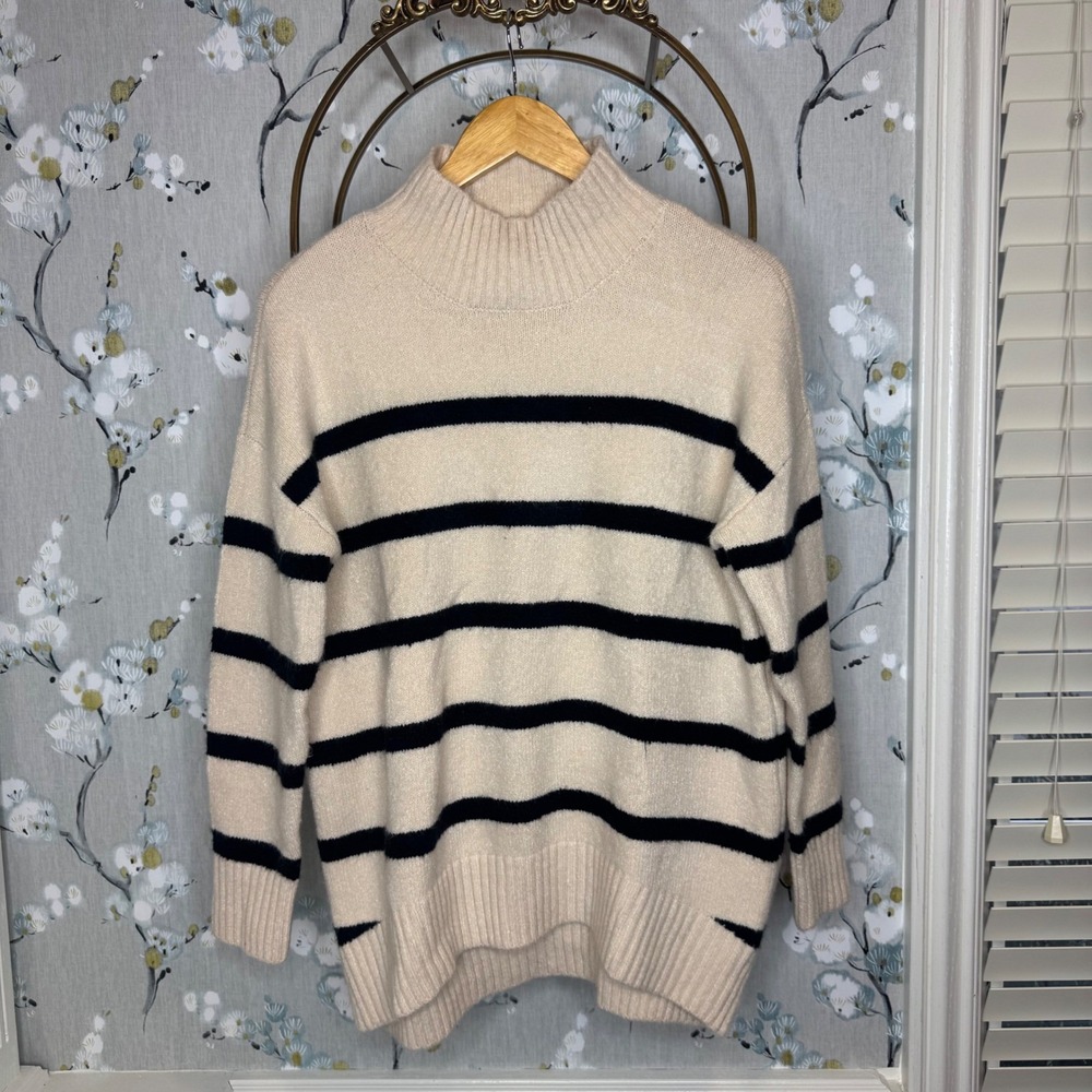 Workshop Republic Clothing Womens Striped Mock Neck Sweater Cream Black Large